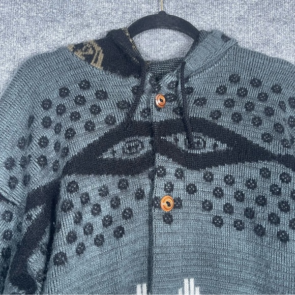 Vintage RUMINAHUI Men’s Large Blue Aztec Wool Button Hooded Cardigan Sweater - Picture 6 of 14